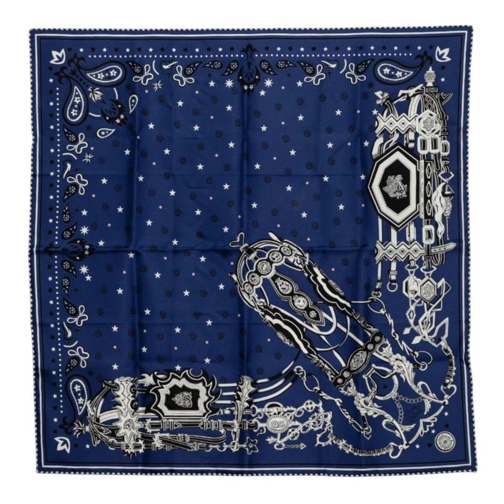 Hermes Carre 55 Brides et Déstaing Bandana Scarf Muffler Navy Silk Women's HE...